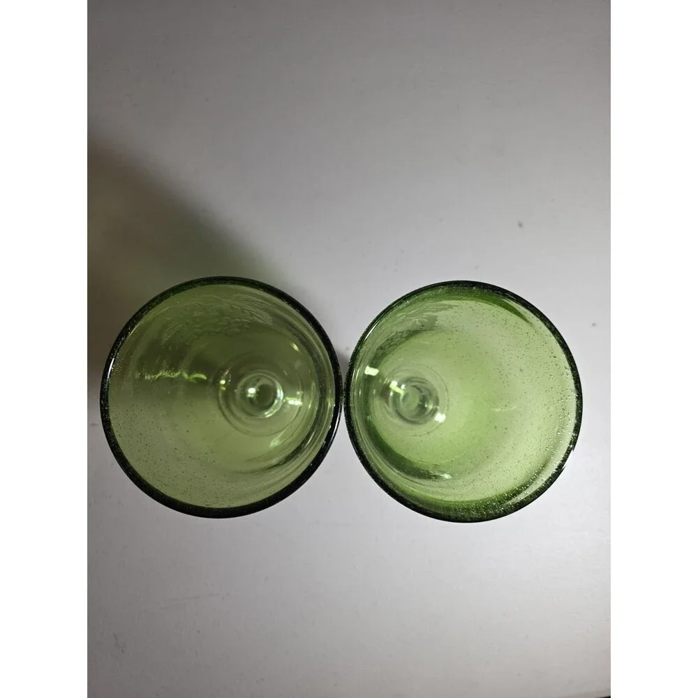 Block Basics Hand Made in Japan 2 Green Wine Glasses with Etched Grape Design